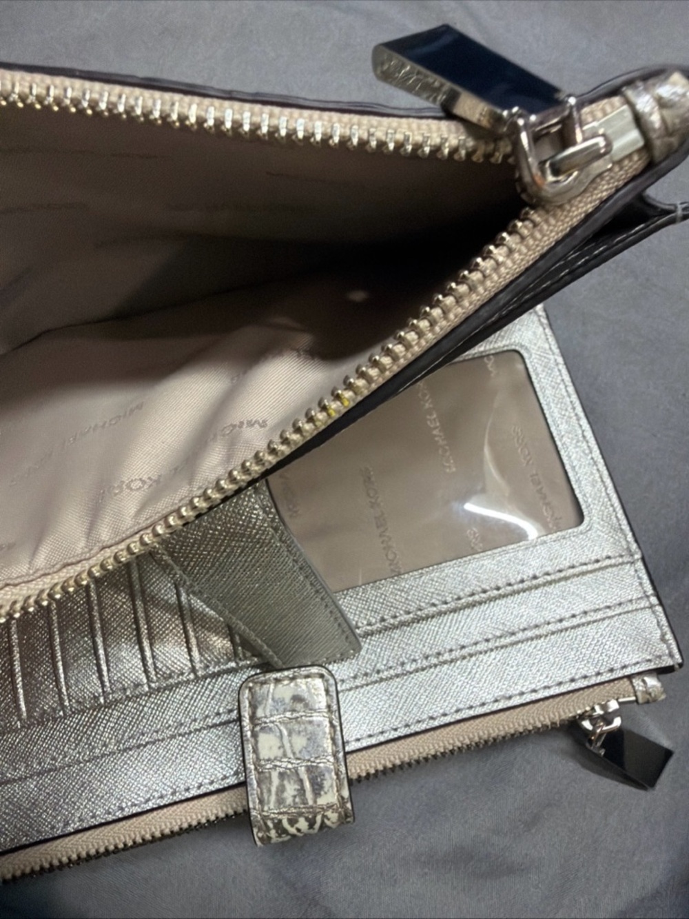 Michael Kors Metallic silver patent leather Croc-Embossed Zip Wallet clutch - Picture 12 of 16